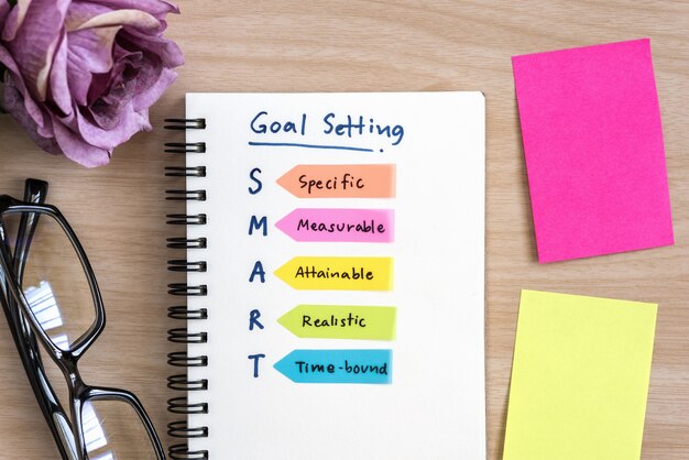 Free photo hand writing definition for smart goal setting on notebook